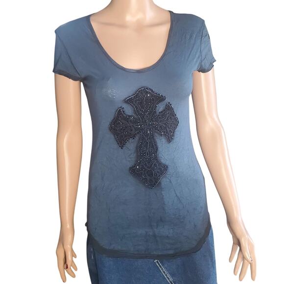 Velvet Stone Size S Women’s Fitted Tee Blue Studded Cross Embellished Y2K EMO - Picture 1 of 7